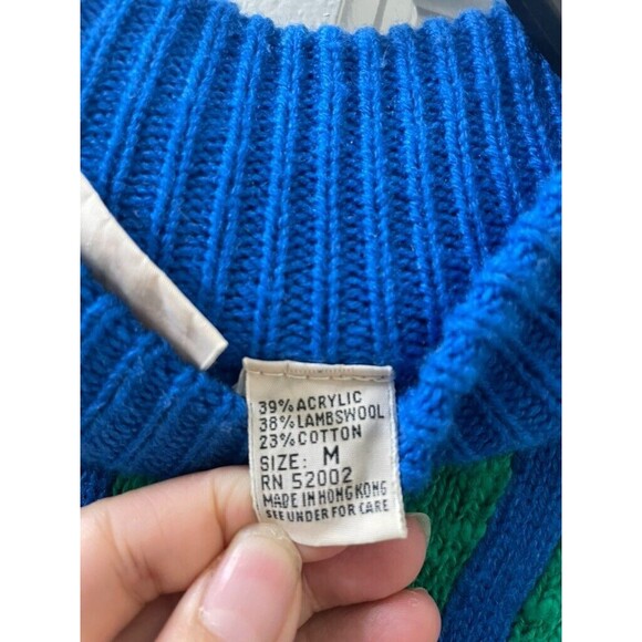 VTG Liz Claiborne Women’s Sweater Sz M Chunky Knit Blue GREEN GEOMETRIC - Picture 3 of 13